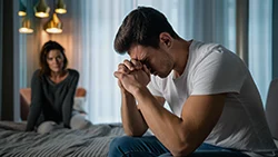 Мужчина сидит на краю кровати и держится за голову, сзади на кровати сидит девушка